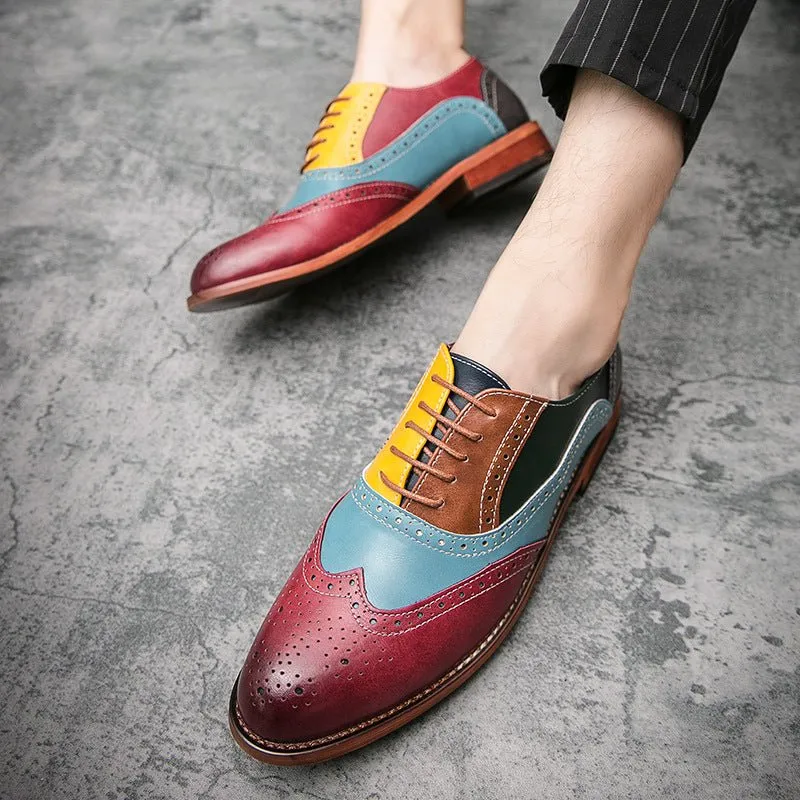 British Style Hit Color Lace-Up Brogues Low-Cut Personality Men's Shoes Trend