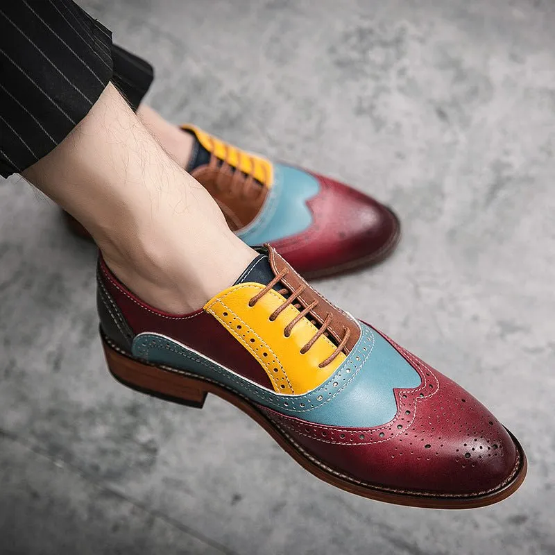British Style Hit Color Lace-Up Brogues Low-Cut Personality Men's Shoes Trend