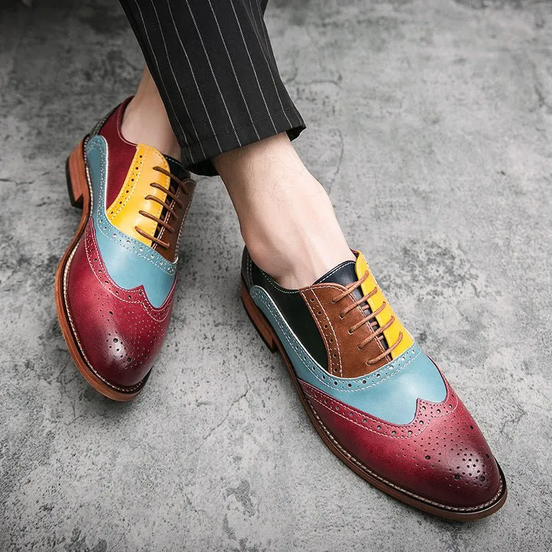 British Style Hit Color Lace-Up Brogues Low-Cut Personality Men's Shoes Trend