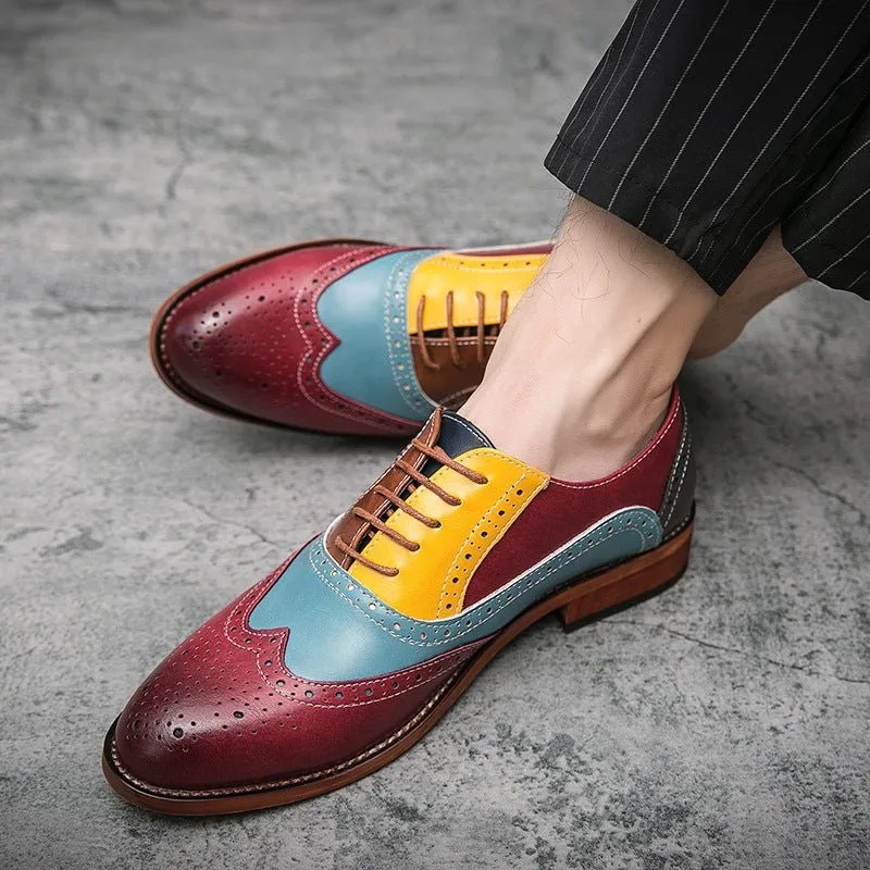 British Style Hit Color Lace-Up Brogues Low-Cut Personality Men's Shoes Trend