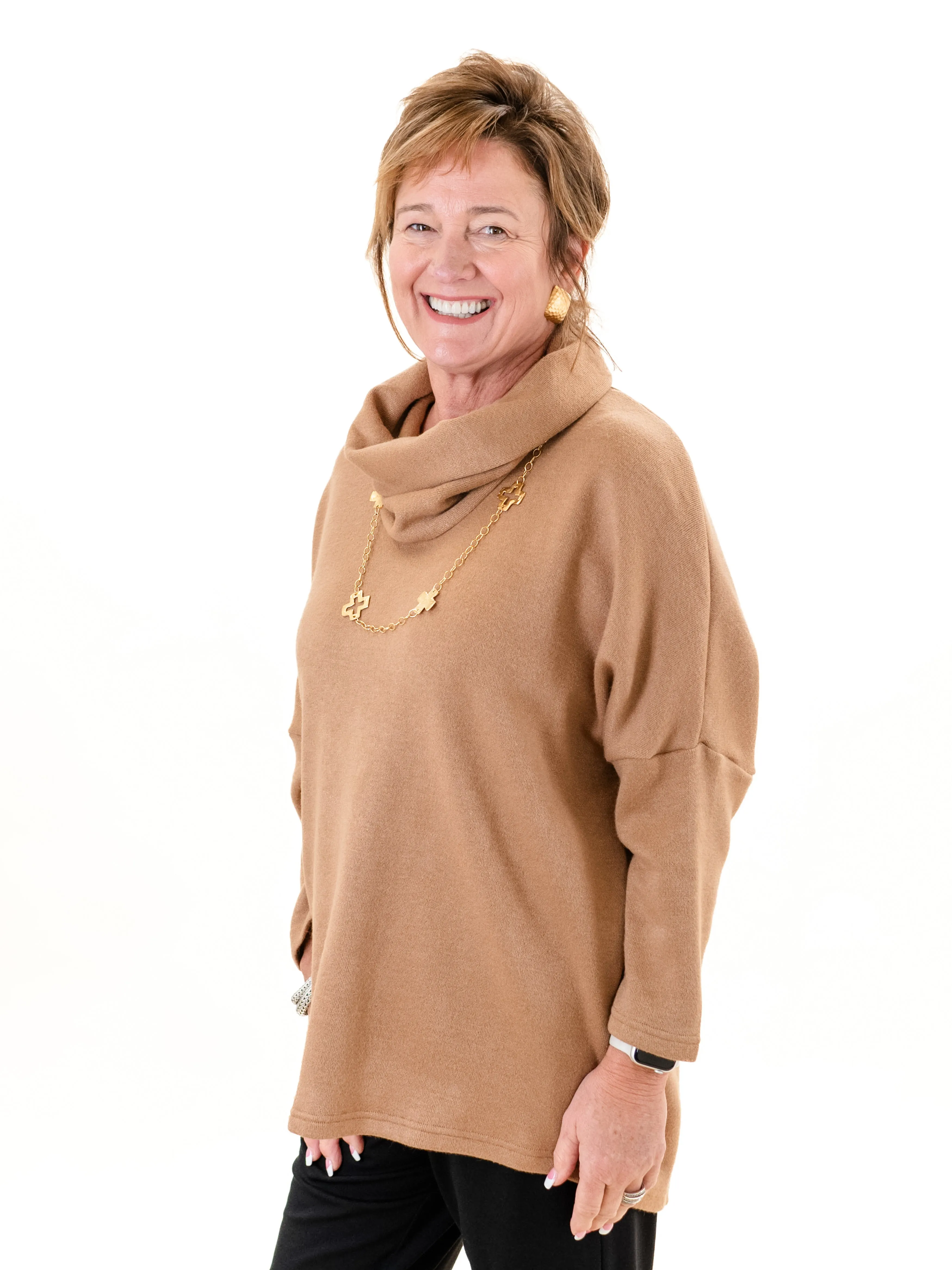 Cowl Neck Buttonback Tunic Camel by Boho Chic