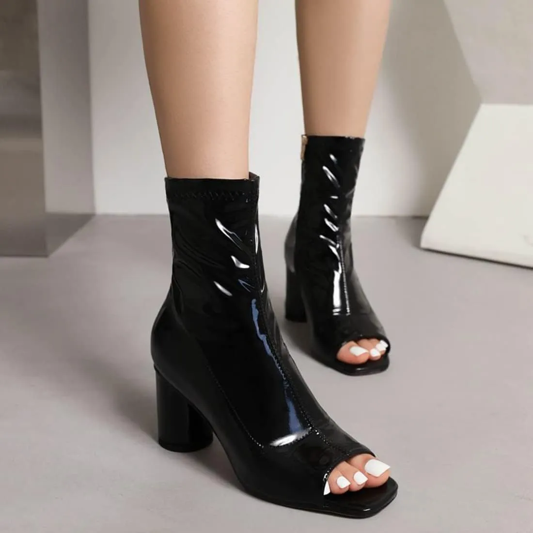 Cozivwaiy Women Fashion Peep Toe Ankle Boots High Heel Autumn Shoes Zipper Stretchy Boots Ankle High Party Shoes Size 2-11.5