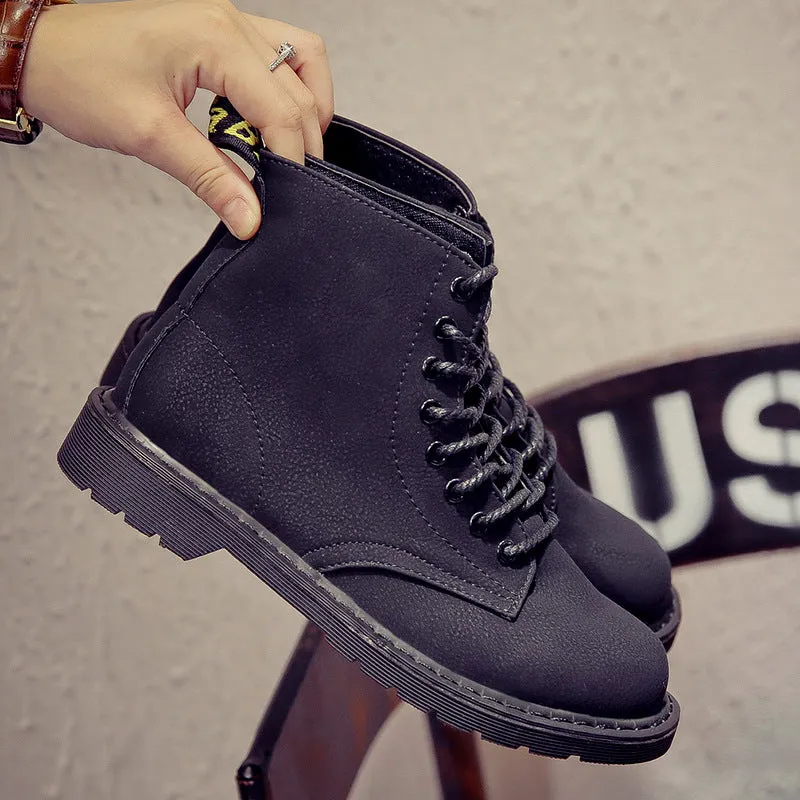 European British Style Lace UP Round Toe Low Block Heel Ankle Martin Boots