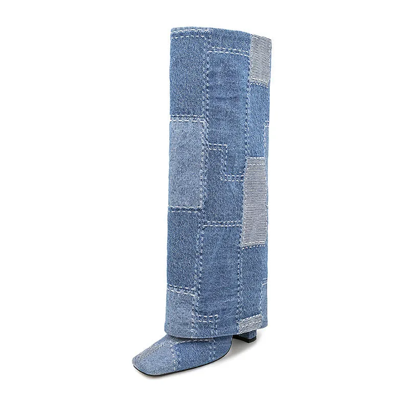 Fashion Color-Blocked Square-Toe Chunky Heel Denim Knee-High Boots