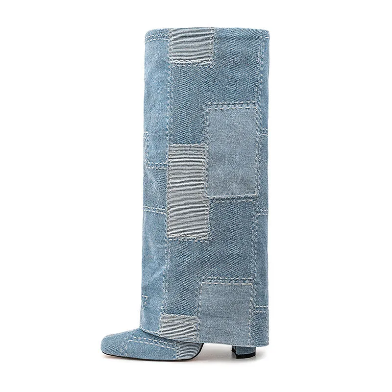 Fashion Color-Blocked Square-Toe Chunky Heel Denim Knee-High Boots