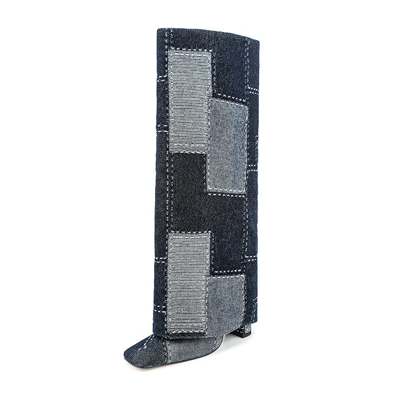 Fashion Color-Blocked Square-Toe Chunky Heel Denim Knee-High Boots