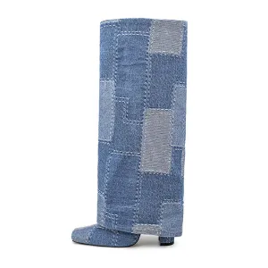 Fashion Color-Blocked Square-Toe Chunky Heel Denim Knee-High Boots
