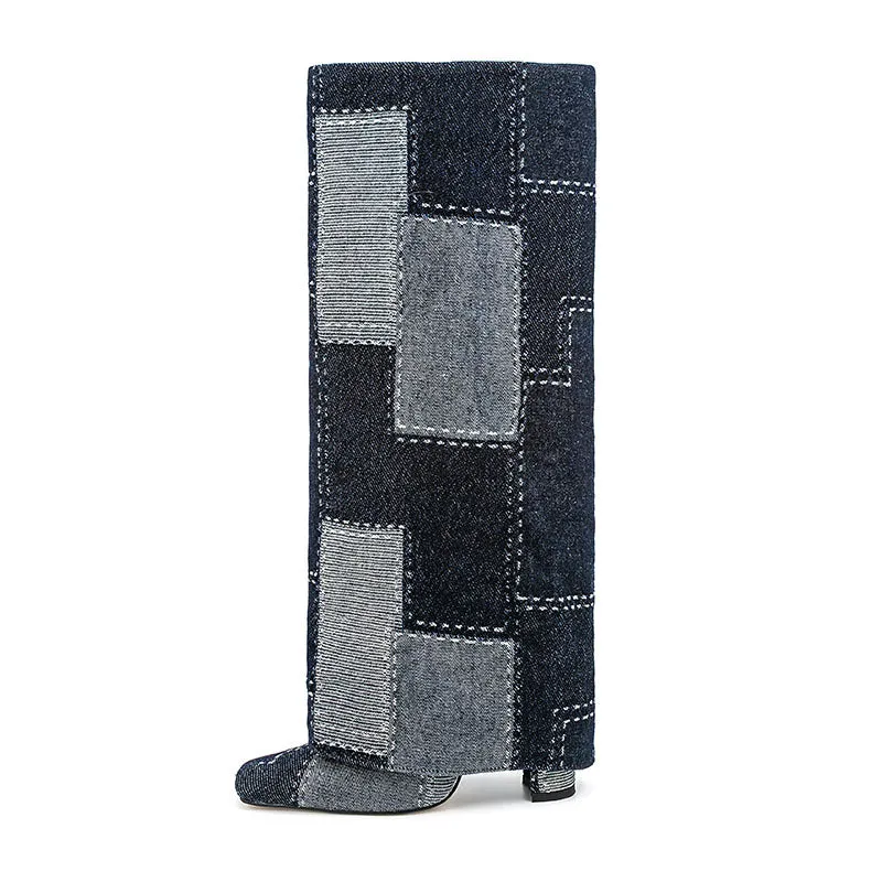 Fashion Color-Blocked Square-Toe Chunky Heel Denim Knee-High Boots