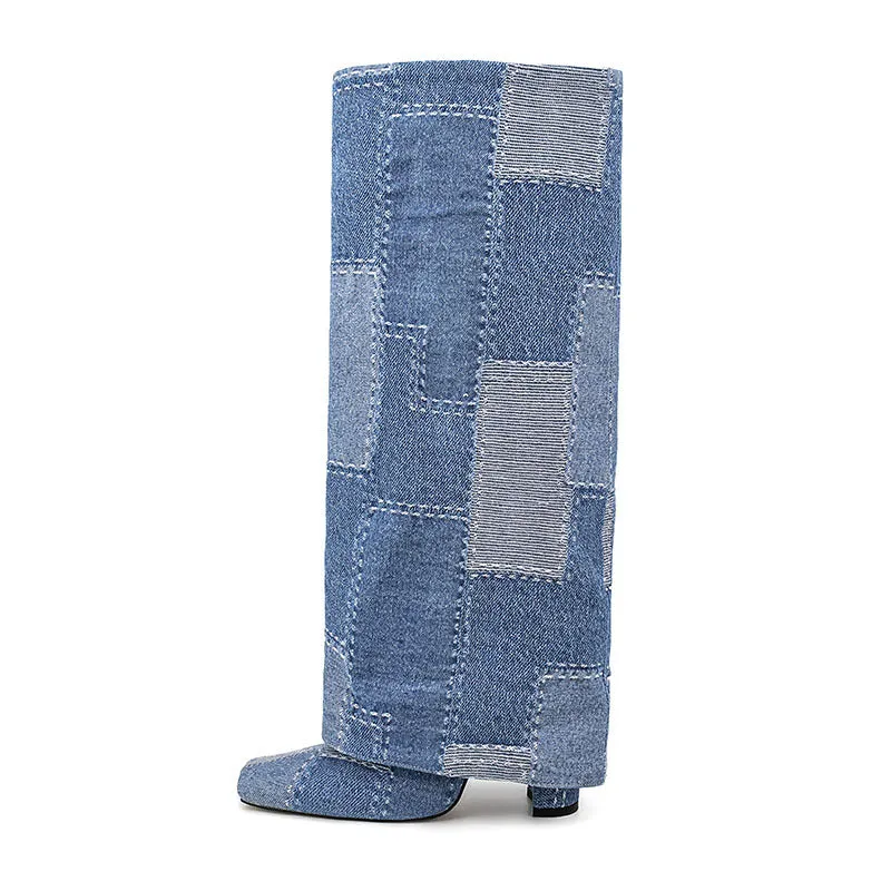 Fashion Color-Blocked Square-Toe Chunky Heel Denim Knee-High Boots