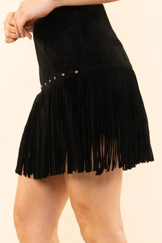 Fringe With Benefits Black Suede Mini Skirt (Size Medium)