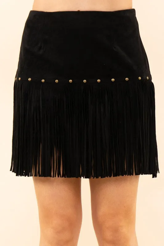 Fringe With Benefits Black Suede Mini Skirt (Size Medium)