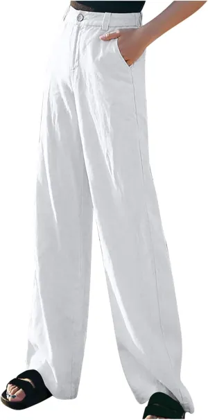 FZYLQY High Waist Wide Leg Trousers for Women Cotton Linen Dress Pants with Pockets Button Zip Slacks Office Style