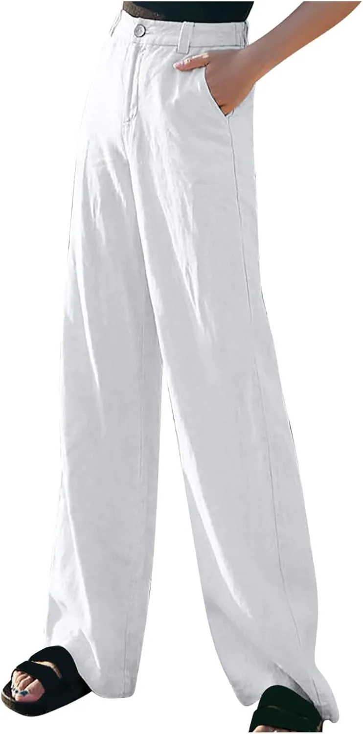 FZYLQY High Waist Wide Leg Trousers for Women Cotton Linen Dress Pants with Pockets Button Zip Slacks Office Style