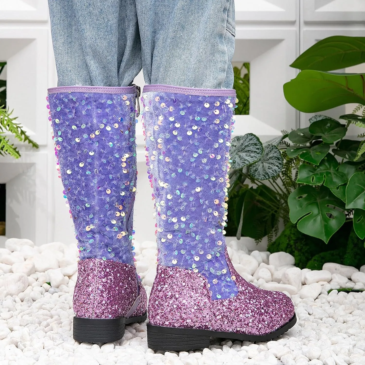 Girls Kids hinestone Mid Calf Riding Boots Sequin Fleece Plush Chunky Comfort Warm Lined Outdoor Girl Boots Size 1