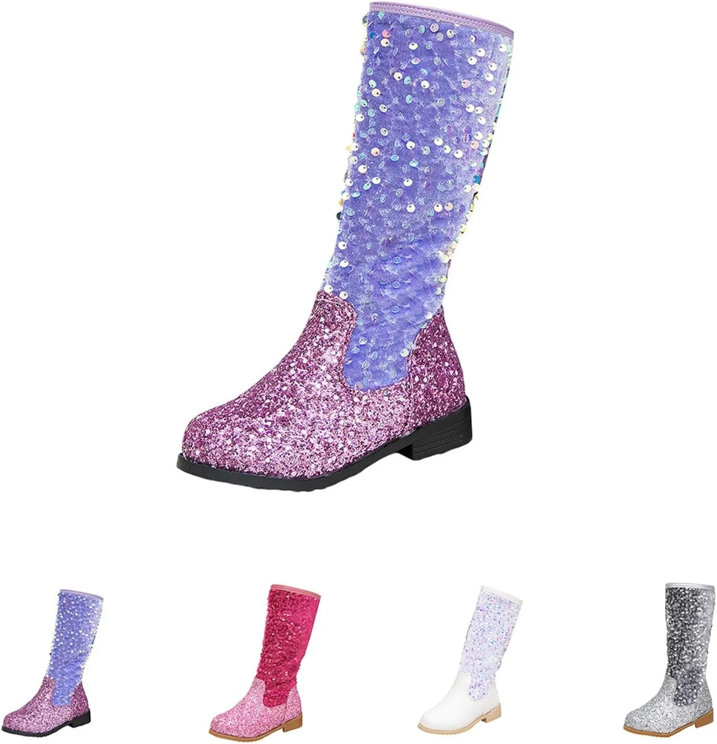 Girls Kids hinestone Mid Calf Riding Boots Sequin Fleece Plush Chunky Comfort Warm Lined Outdoor Girl Boots Size 1