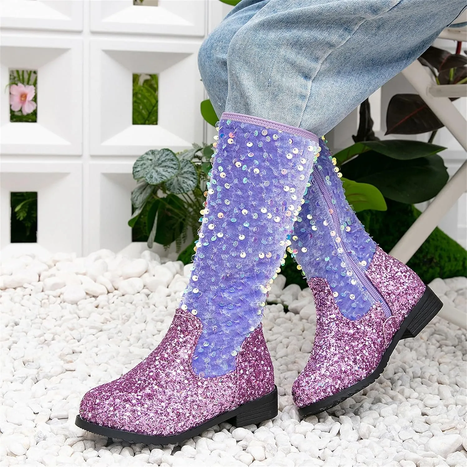 Girls Kids hinestone Mid Calf Riding Boots Sequin Fleece Plush Chunky Comfort Warm Lined Outdoor Girl Boots Size 1