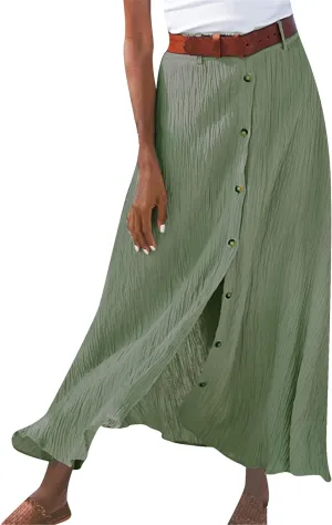 GRASWE Womens Button Front High Waist Casual Maxi Skirt Work Office Cotton Linen Long Skirt Loose A Line Skirt