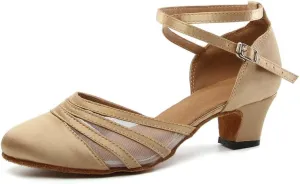 JUODVMP Women's Closed Toe Dance Heels Light Brown Satin Latin Ballroom Dance Shoes for Wedding Party Model YCL189