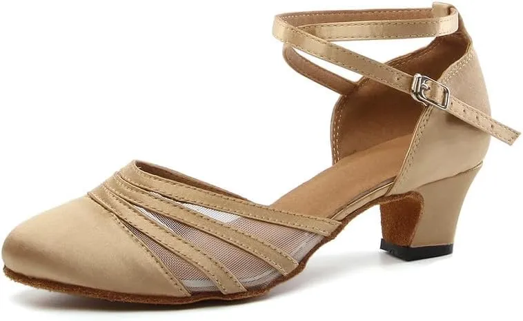 JUODVMP Women's Closed Toe Dance Heels Light Brown Satin Latin Ballroom Dance Shoes for Wedding Party Model YCL189