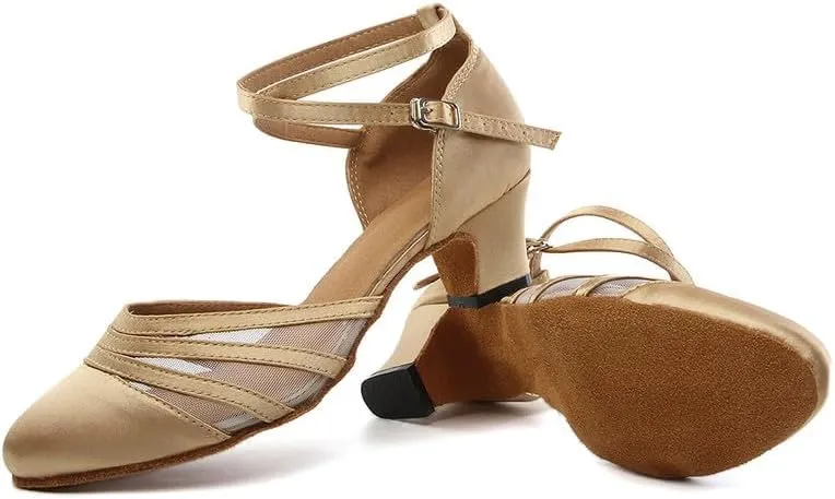 JUODVMP Women's Closed Toe Dance Heels Light Brown Satin Latin Ballroom Dance Shoes for Wedding Party Model YCL189