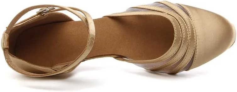 JUODVMP Women's Closed Toe Dance Heels Light Brown Satin Latin Ballroom Dance Shoes for Wedding Party Model YCL189