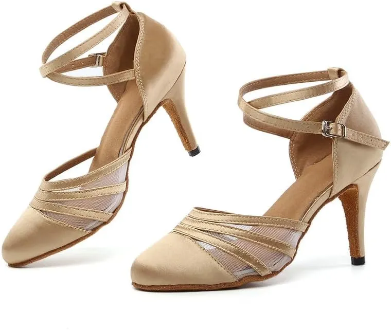 JUODVMP Women's Closed Toe Dance Heels Light Brown Satin Latin Ballroom Dance Shoes for Wedding Party Model YCL189