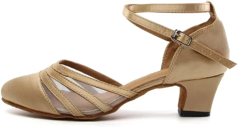 JUODVMP Women's Closed Toe Dance Heels Light Brown Satin Latin Ballroom Dance Shoes for Wedding Party Model YCL189