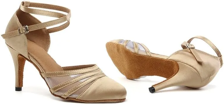 JUODVMP Women's Closed Toe Dance Heels Light Brown Satin Latin Ballroom Dance Shoes for Wedding Party Model YCL189