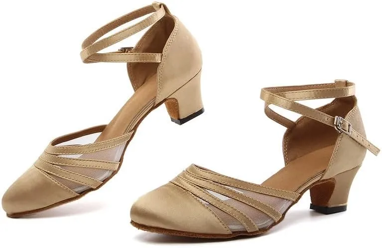 JUODVMP Women's Closed Toe Dance Heels Light Brown Satin Latin Ballroom Dance Shoes for Wedding Party Model YCL189