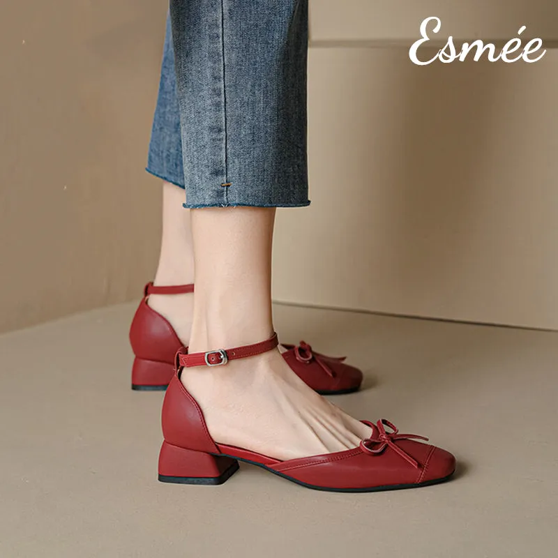 Leather Sandals with Bow Knot and Ankle Straps