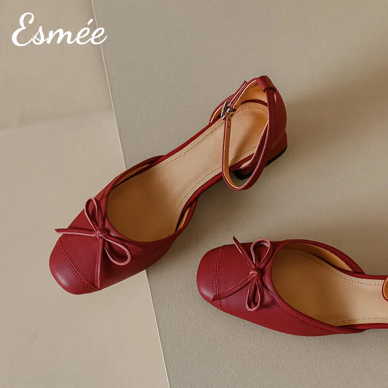 Leather Sandals with Bow Knot and Ankle Straps