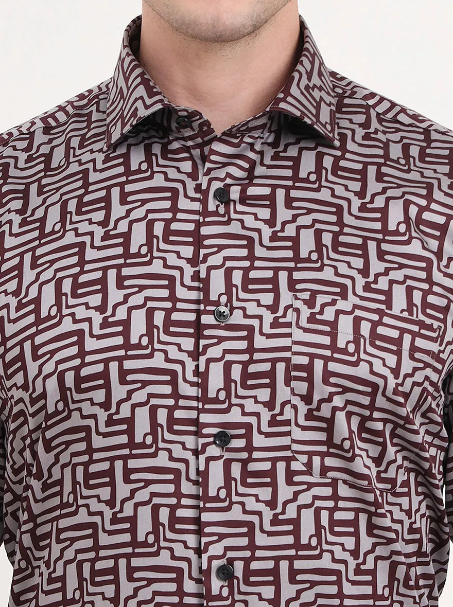 Maroon & Grey Printed Slim Fit Formal Shirt | Metal