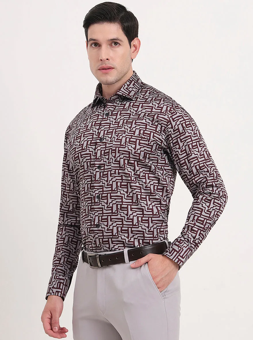 Maroon & Grey Printed Slim Fit Formal Shirt | Metal