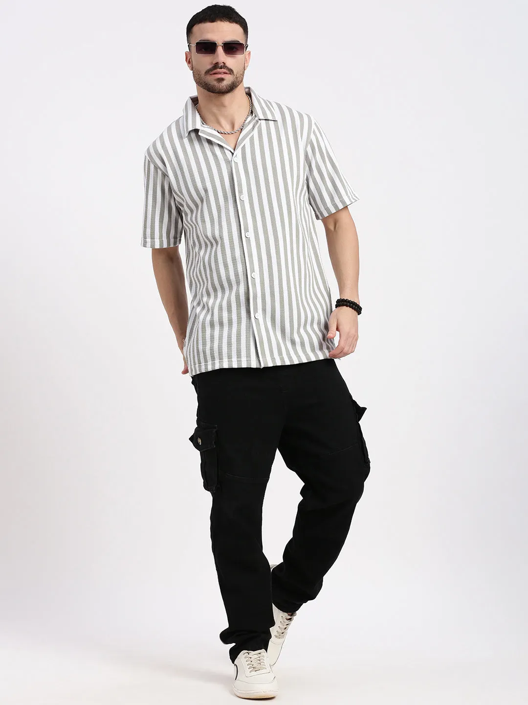Men Grey Cuban Collar Striped Shirt