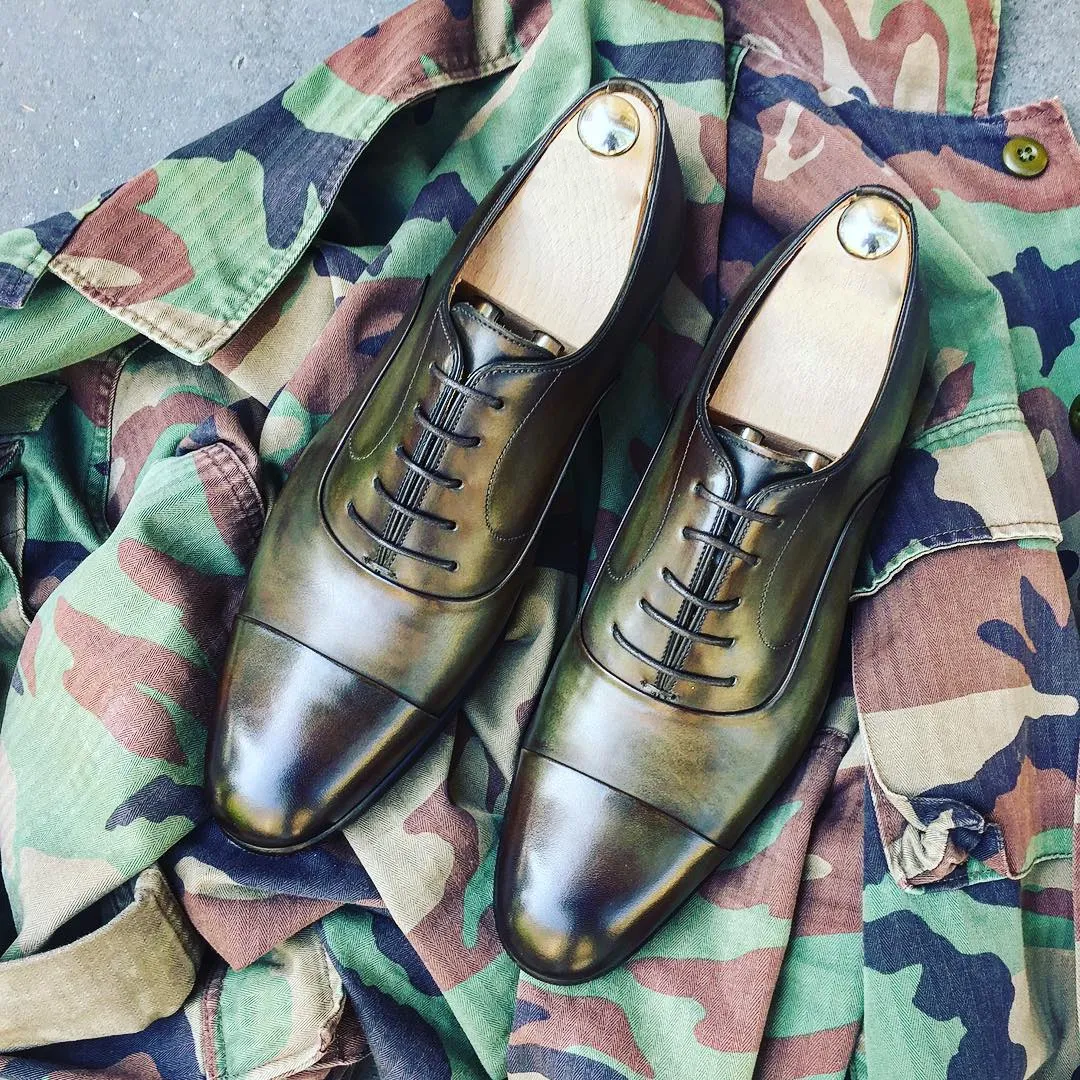 Olive Green Leather Toecap Moura Oxfords
