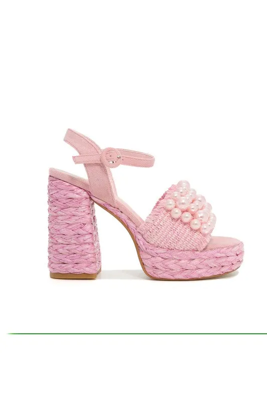 Pink Pearl Detail Strap, Raffia Chunk Heel