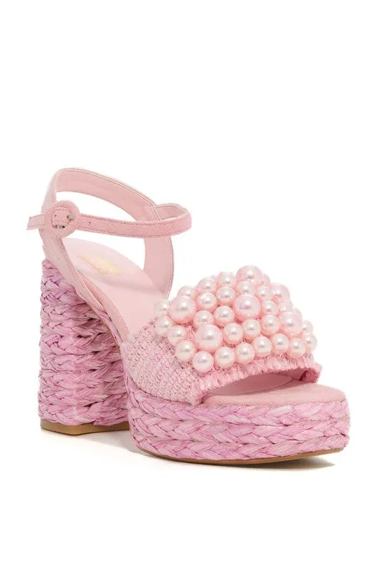 Pink Pearl Detail Strap, Raffia Chunk Heel