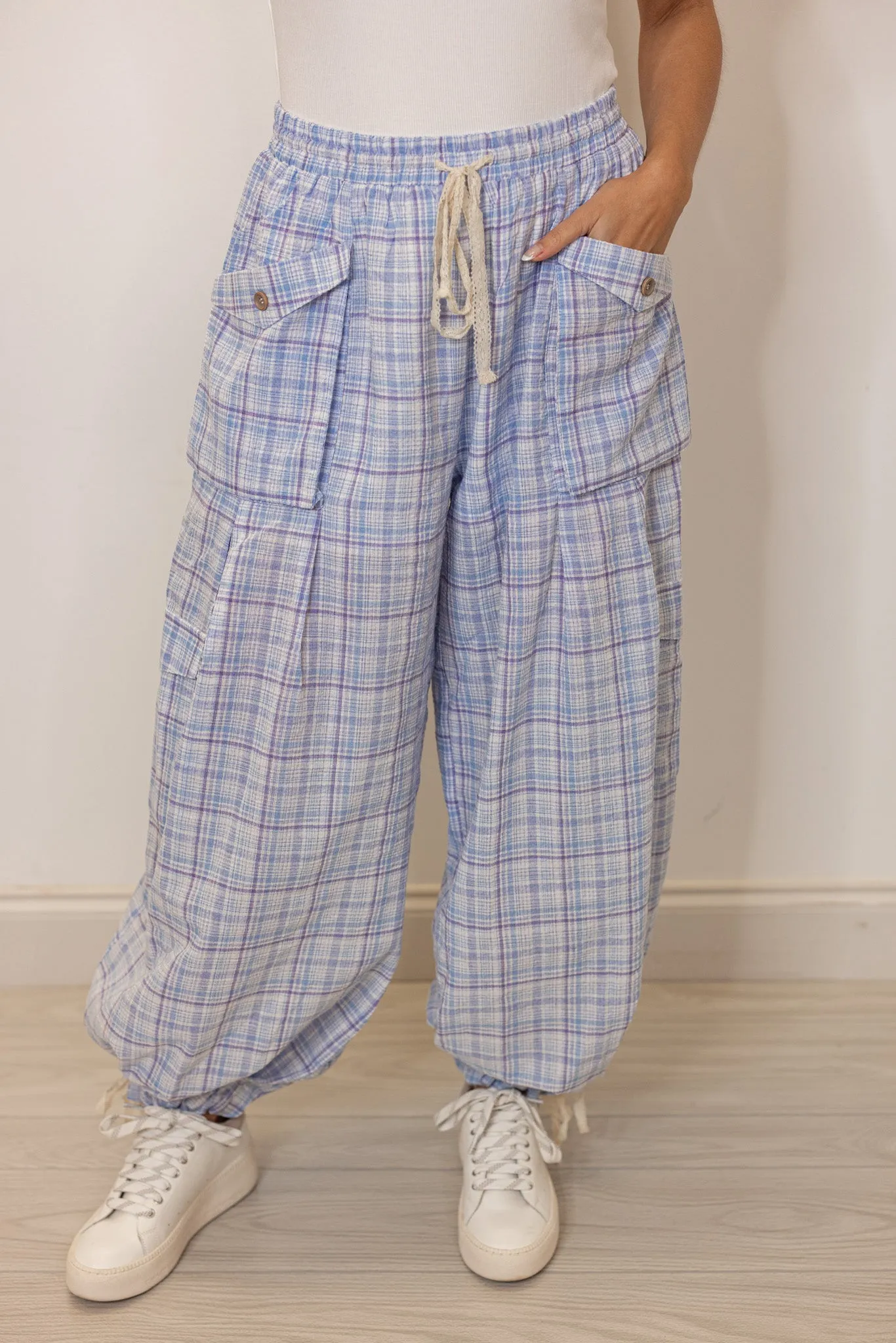 Plaid Blue Jogger Balloon Pants