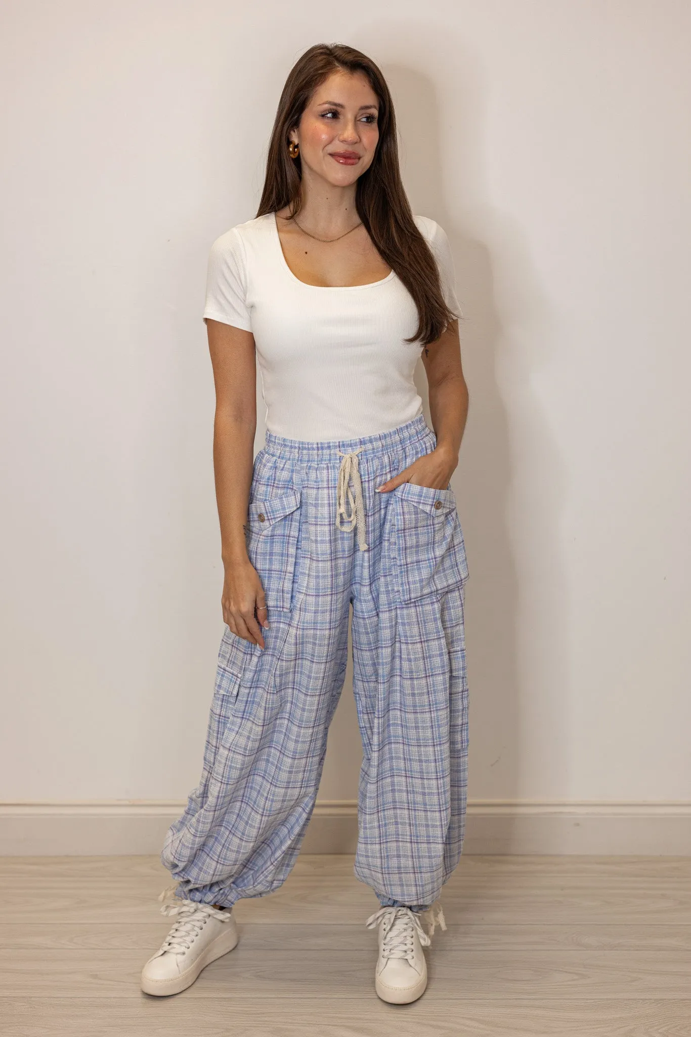 Plaid Blue Jogger Balloon Pants