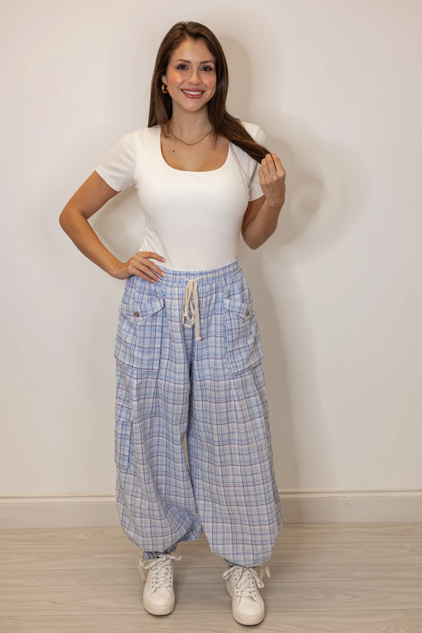Plaid Blue Jogger Balloon Pants