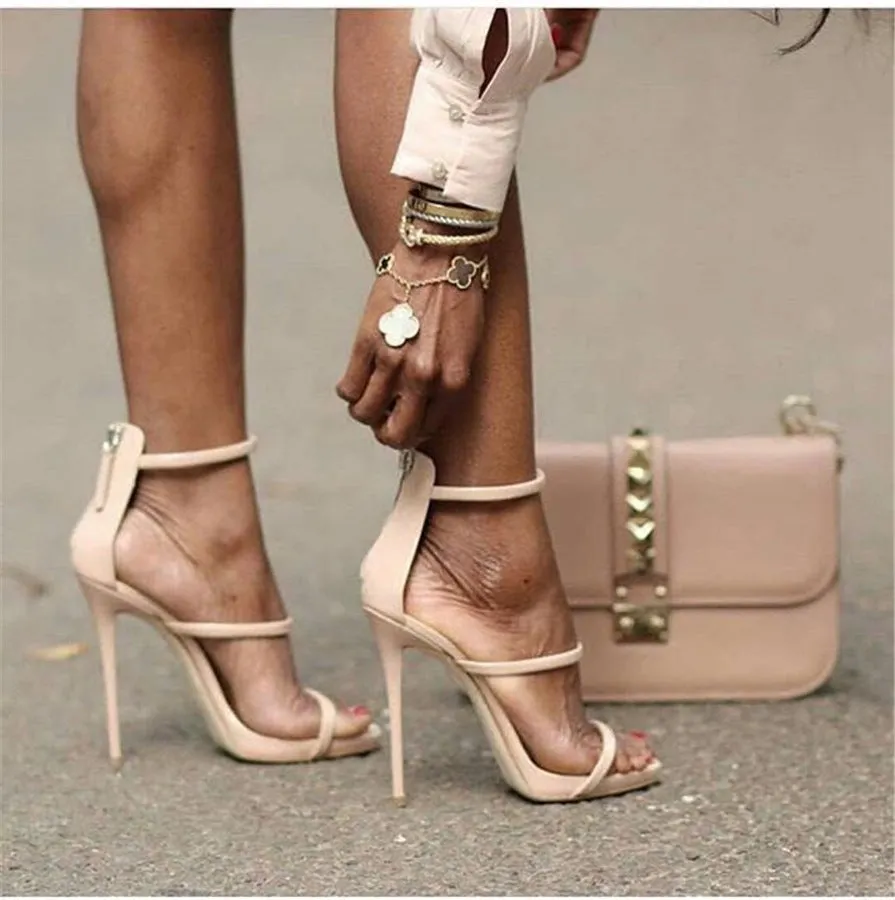 Simple Straps Open Toe Ankle Wrap Back Zipper Women High Heel Sandals