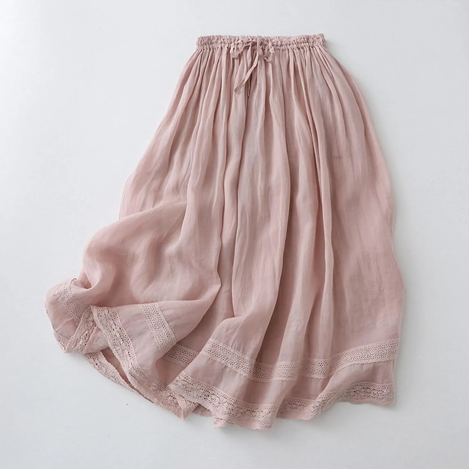 Summer Linen Skirts for Women Elastic High Waist Button A Line Flowy Casual Vacation Beach Midi Skirts with Pockets