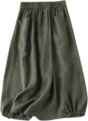Summer Linen Skirts for Women Elastic High Waist Button A Line Flowy Casual Vacation Beach Midi Skirts with Pockets