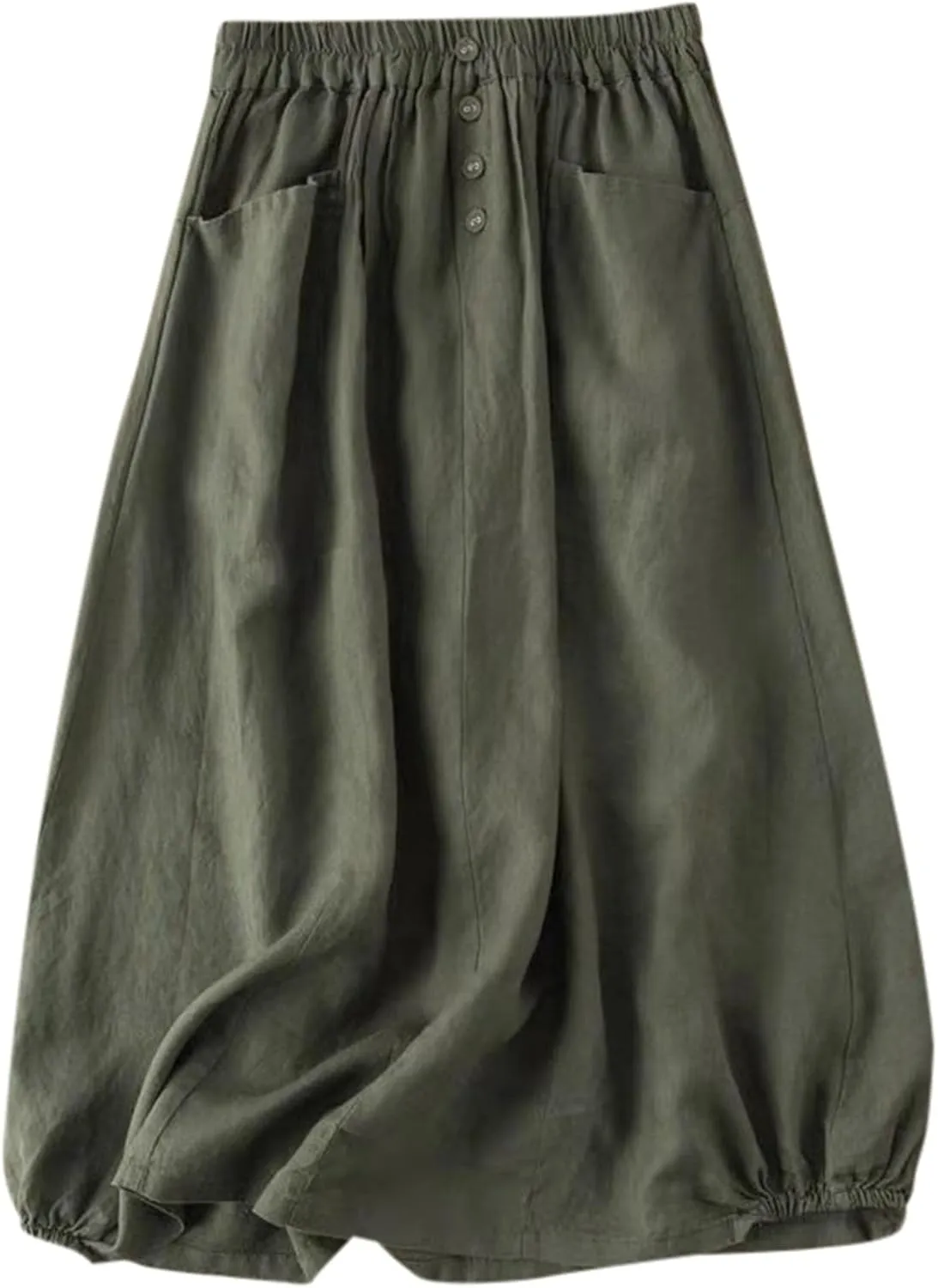 Summer Linen Skirts for Women Elastic High Waist Button A Line Flowy Casual Vacation Beach Midi Skirts with Pockets