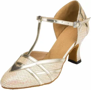 TDA Women's T-Strap Glitter Synthetic Salsa Tango Ballroom Latin Party Dance Shoes 9.5 Light Gold-7cm Heel