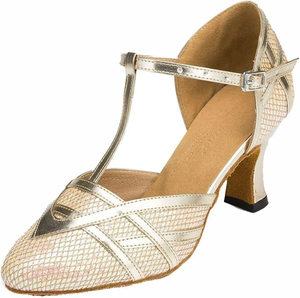 TDA Women's T-Strap Glitter Synthetic Salsa Tango Ballroom Latin Party Dance Shoes 9.5 Light Gold-7cm Heel