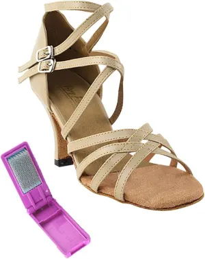 Very Fine Dance Shoes - Ladies Latin, Rhythm, Salsa, Waltz Ballroom Dance Shoes - 5008-2.5-inch Heel and Foldable Brush Bundle - Tan Leather - 7