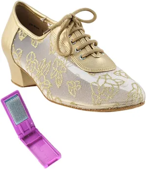 Very Fine Dance Shoes - Ladies Practice, Cuban Low Heel Ballroom Dance Shoes - 2002-1.5-inch Heel and Foldable Brush Bundle - Light Gold Leather - #79 Mesh - 5