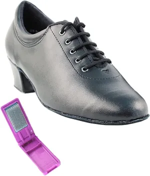 Very Fine Dance Shoes - Ladies Practice, Cuban Low Heel Ballroom Dance Shoes - 2601-1.5-inch Heel and Foldable Brush Bundle - Black Leather - 9
