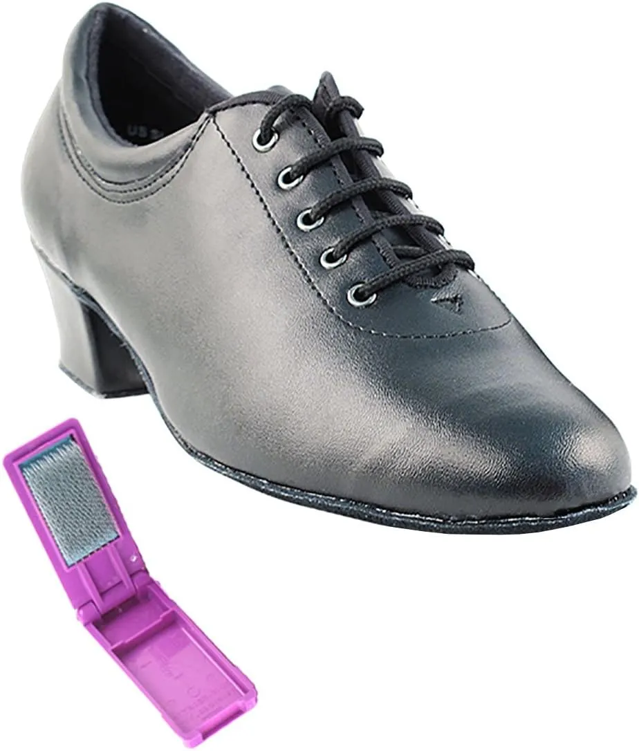 Very Fine Dance Shoes - Ladies Practice, Cuban Low Heel Ballroom Dance Shoes - 2601-1.5-inch Heel and Foldable Brush Bundle - Black Leather - 9